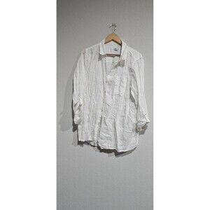 Sigrid Olsen 100% Linen Roll Tab Button Down Shirt White Abalone Buttons Size XL